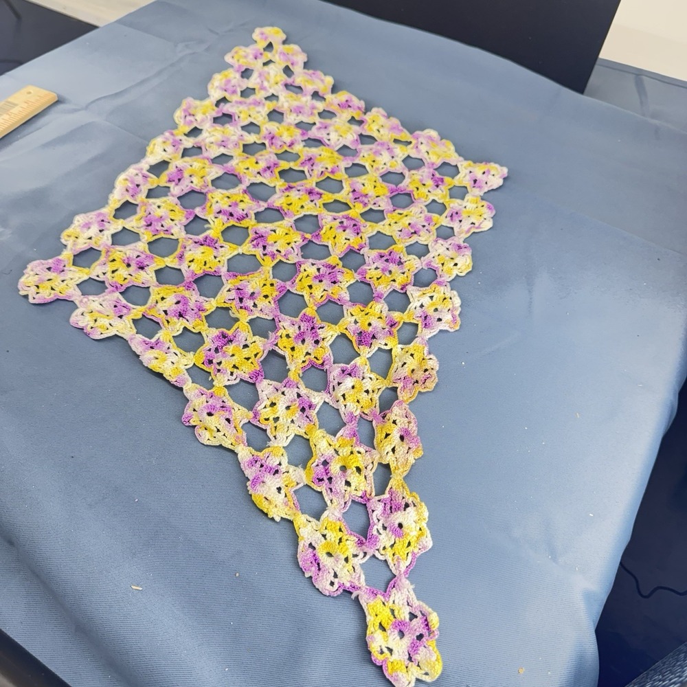 Vintage Hand Crocheted Doily Or Dresser Scarf, Geometric Design, Yellow, Purple